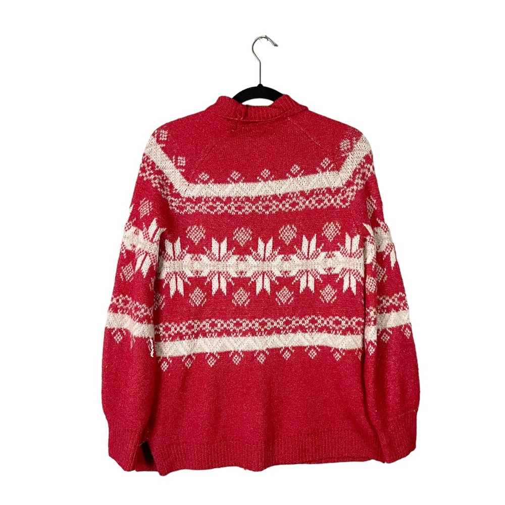 Hippie Rose Red White Winter Christmas Mock Cowl Neck Knit Sweater Size Medium - Picture 2 of 4